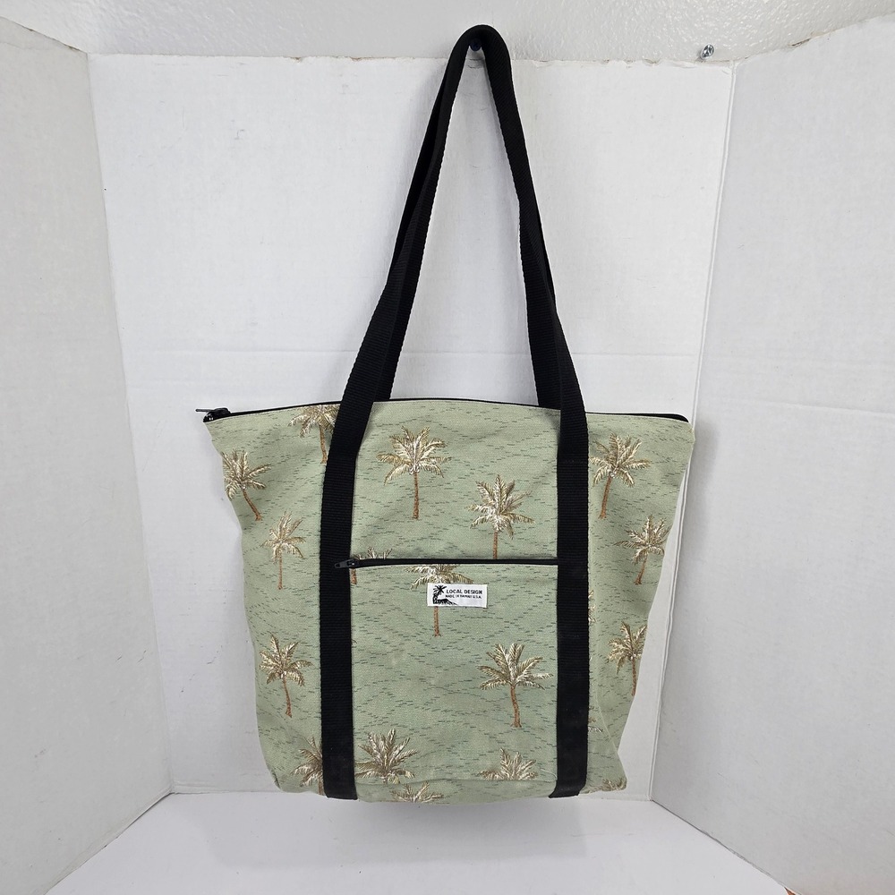 Local Design Hawaii Canvas Tote Bag Green w Palm Trees Nylon Black Handle 17x13